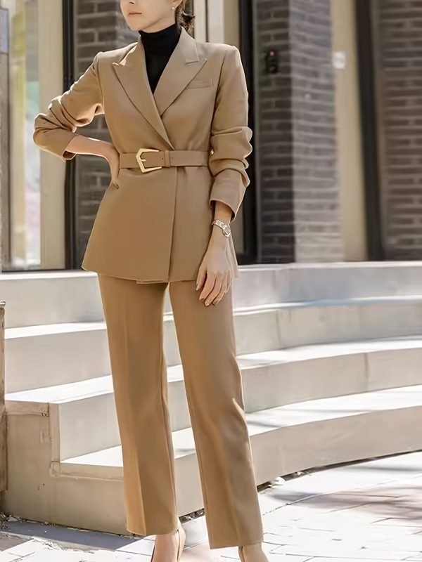 Solid Color Elegant Office & Work Pants Set, Belt Long Sleeve Lapel Neck Blazer & Straight Leg Pants Outfits, Women's Clothing