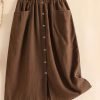 Button Front Pocket Design Skirt, Elegant Elastic Waist Split Hem Skirt For Spring & Fall, Women's Clothing