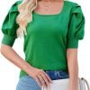 Puff Short Sleeve Sweater Tops 2024 Spring Summer Trendy Square Neck Casual Pullover Sweaters T Shirts Blouses