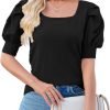 Puff Short Sleeve Sweater Tops 2024 Spring Summer Trendy Square Neck Casual Pullover Sweaters T Shirts Blouses