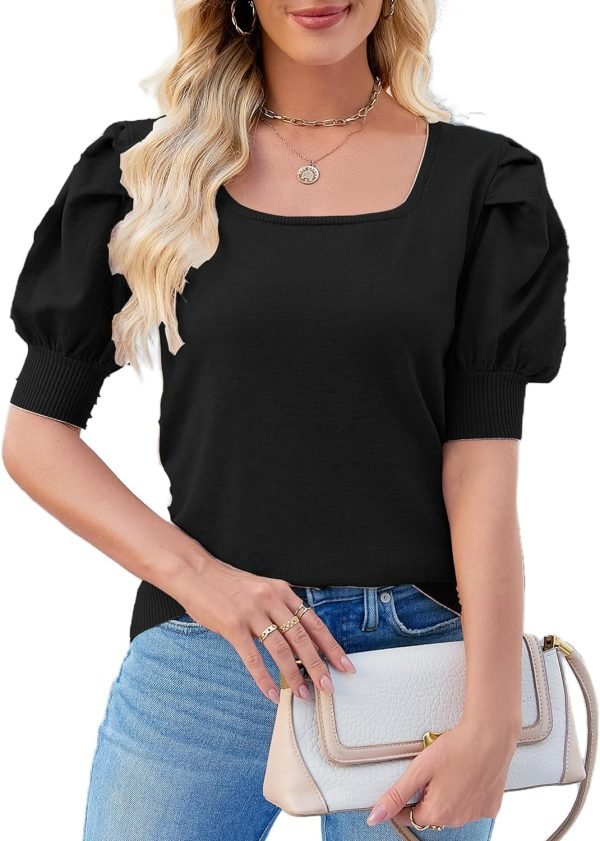 Puff Short Sleeve Sweater Tops 2024 Spring Summer Trendy Square Neck Casual Pullover Sweaters T Shirts Blouses