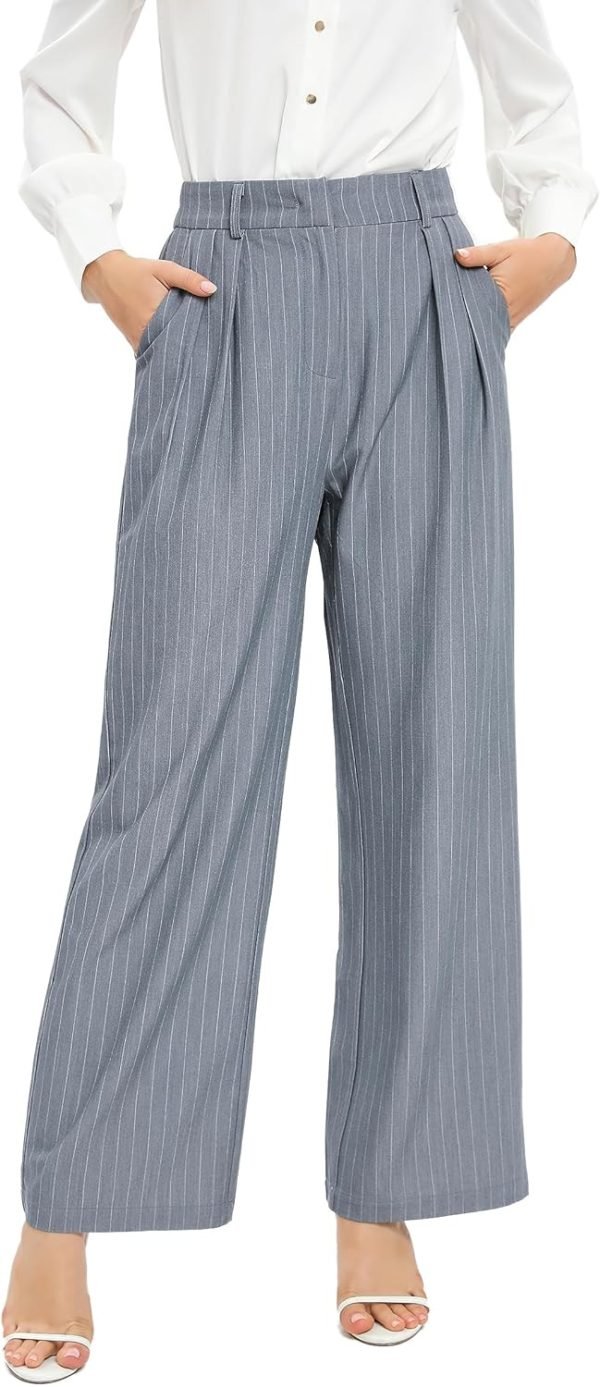 Women's Casual Striped High Waisted Wide Leg Pants Elastic Waist Loose Fit Trousers