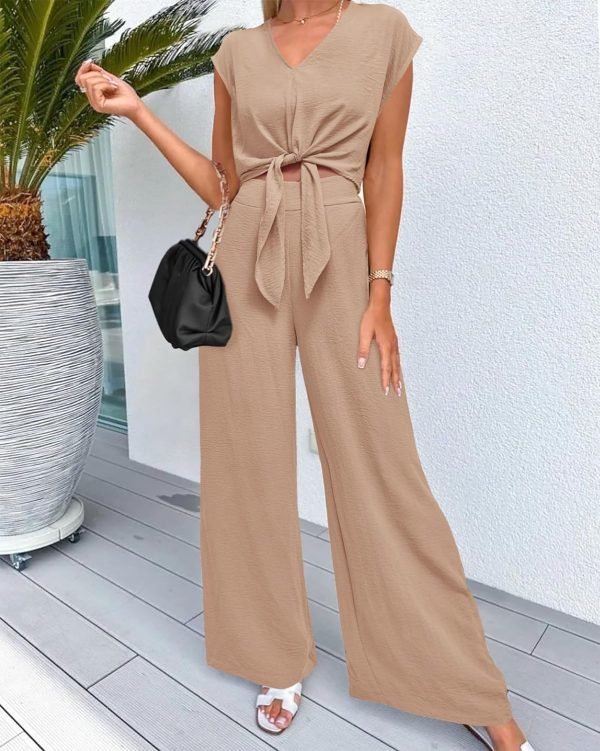 Women's Summer 2 Piece Outfits 2024 Cap Sleeve V Neck Belted Crop Tops Wide Leg Pant Sets Casual Tracksuit