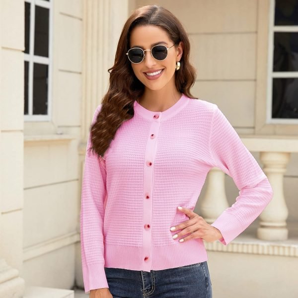 Women's Crew Neck Button Down Long Sleeve Solid Knit Classic Cardigan Sweater