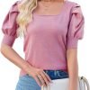 Puff Short Sleeve Sweater Tops 2024 Spring Summer Trendy Square Neck Casual Pullover Sweaters T Shirts Blouses