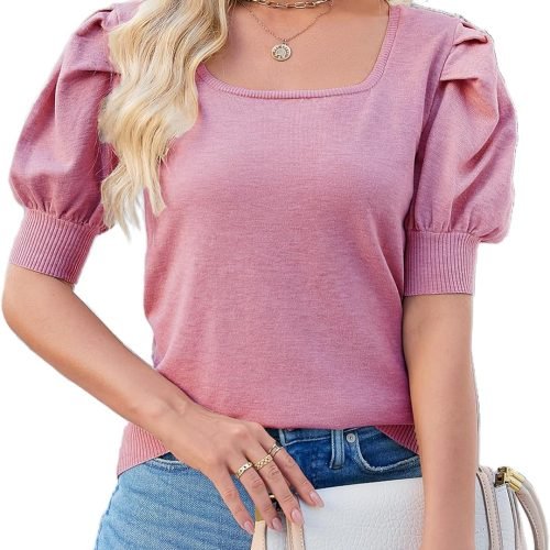 81JZw7dHXiL._AC_SL1500 Puff Short Sleeve Sweater Tops 2024 Spring Summer Trendy Square Neck Casual Pullover Sweaters T Shirts Blouses