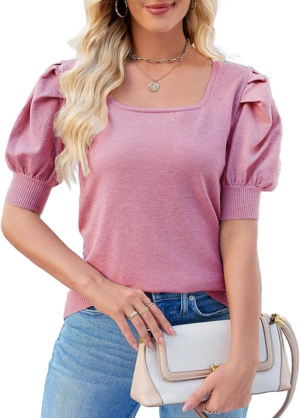 Puff Short Sleeve Sweater Tops 2024 Spring Summer Trendy Square Neck Casual Pullover Sweaters T Shirts Blouses
