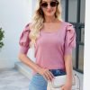 Puff Short Sleeve Sweater Tops 2024 Spring Summer Trendy Square Neck Casual Pullover Sweaters T Shirts Blouses