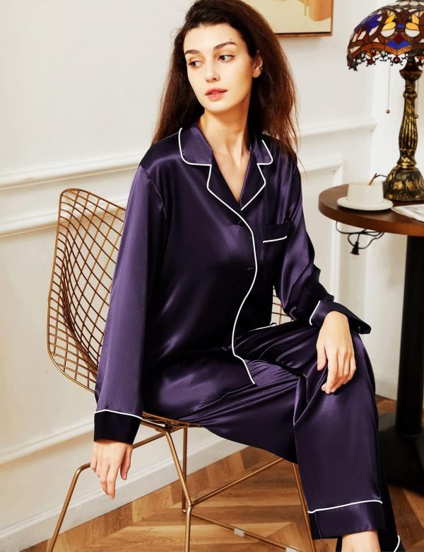 81MBzfVEN6L._AC_SL1500 Women's Satin Pajamas Set Long Sleeve Button Down Shirt With Long Pant Sleepwear