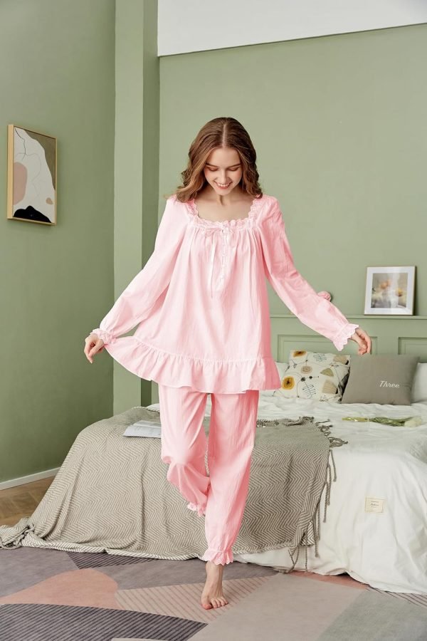 Women Pajamas Set Cotton Long Sleeve Button Down Sleep Shirt Womens Loungewear Set Cotton Nightie