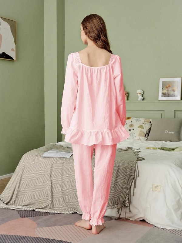 Women Pajamas Set Cotton Long Sleeve Button Down Sleep Shirt Womens Loungewear Set Cotton Nightie