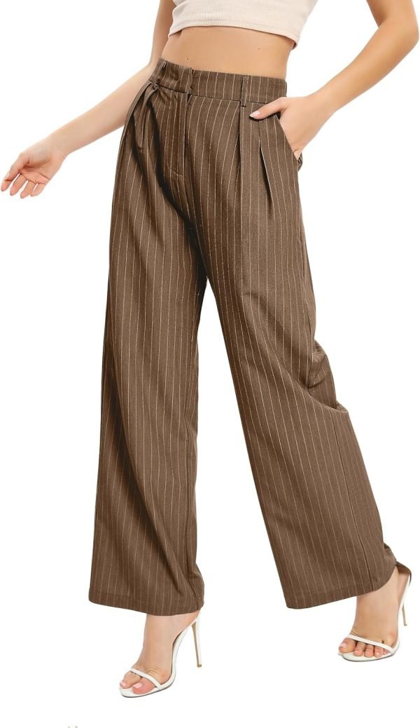 Women's Casual Striped High Waisted Wide Leg Pants Elastic Waist Loose Fit Trousers