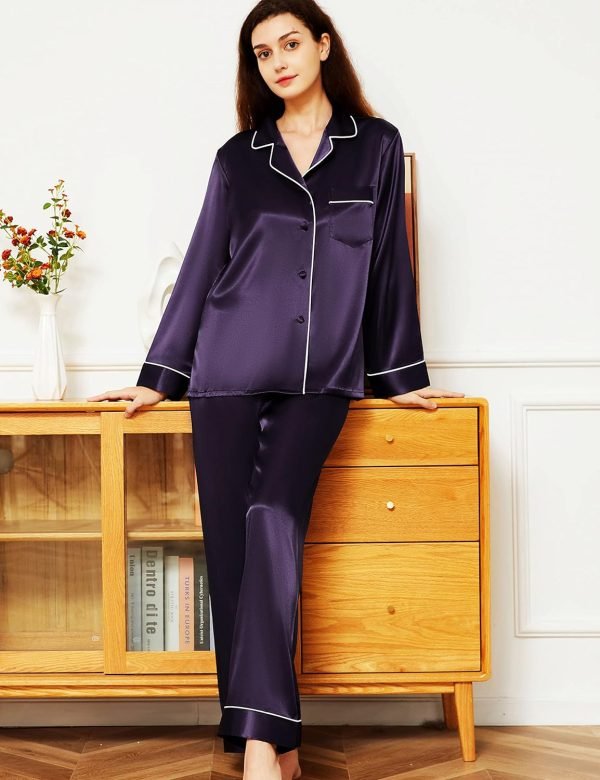 81aq_Woi3yL._AC_SL1500 Women's Satin Pajamas Set Long Sleeve Button Down Shirt With Long Pant Sleepwear