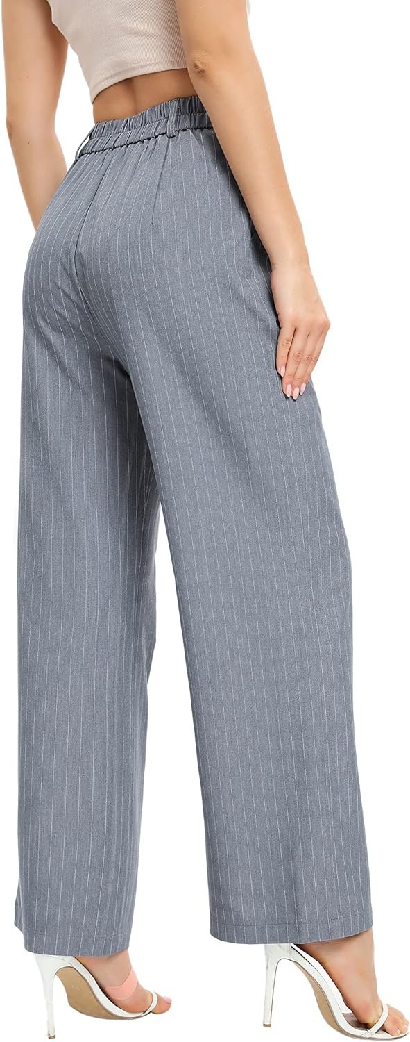 Women's Casual Striped High Waisted Wide Leg Pants Elastic Waist Loose Fit Trousers