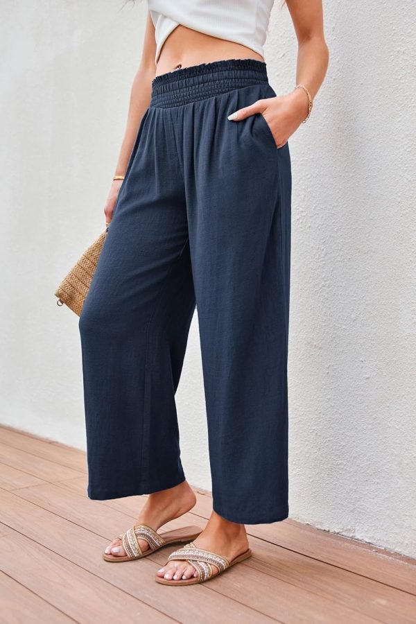 81hdgVUiVQL._AC_SL1500 JASAMBAC Women's Capri Linen Wide Leg Pants Summer Boho Wide Leg Pants Smocked High-Rise Waist Casual Beach Pants with Pocket