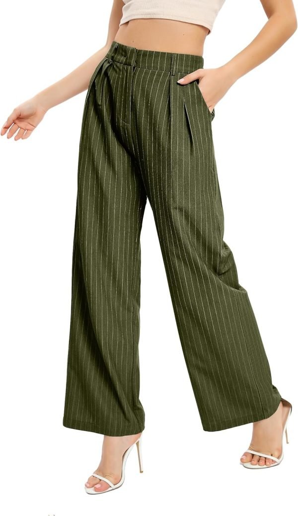 Women's Casual Striped High Waisted Wide Leg Pants Elastic Waist Loose Fit Trousers