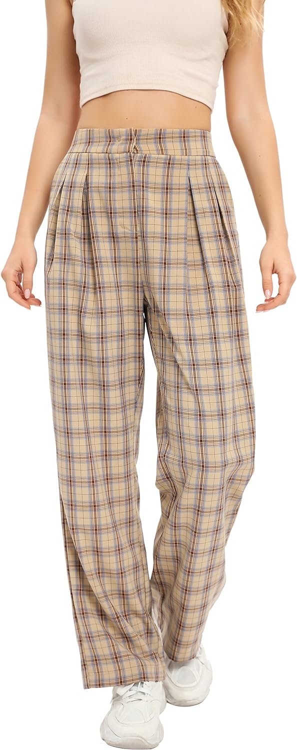 Women's Casual Striped High Waisted Wide Leg Pants Elastic Waist Loose Fit Trousers