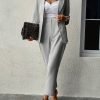 Elegant Solid Color Pants Set, Single Breasted Lapel Balzer & High Waist Straight Leg Pants, Women's Clothing