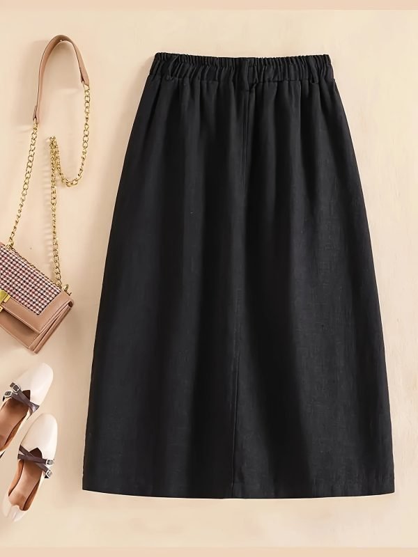 Button Front Pocket Design Skirt, Elegant Elastic Waist Split Hem Skirt For Spring & Fall, Women's Clothing