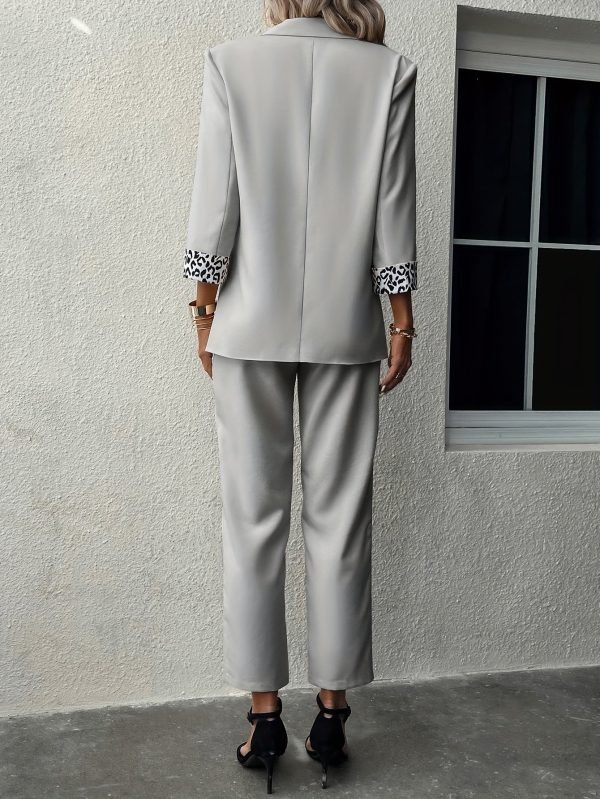 Elegant Solid Color Pants Set, Single Breasted Lapel Balzer & High Waist Straight Leg Pants, Women's Clothing