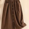 Button Front Pocket Design Skirt, Elegant Elastic Waist Split Hem Skirt For Spring & Fall, Women's Clothing