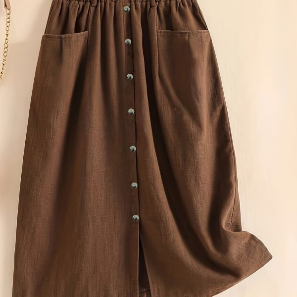 Button Front Pocket Design Skirt, Elegant Elastic Waist Split Hem Skirt For Spring & Fall, Women's Clothing