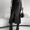 Plus Size Pu Leather Split Front Skirt, Elegant Slant Pocket Midi Skirt For Spring & Summer, Women's Plus Size Clothing
