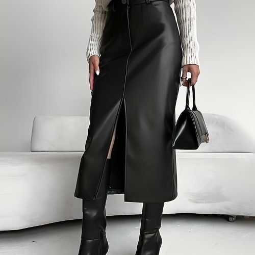 Plus Size Pu Leather Split Front Skirt, Elegant Slant Pocket Midi Skirt For Spring & Summer, Women's Plus Size Clothing