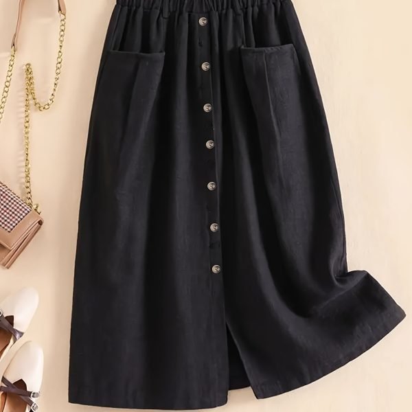 Button Front Pocket Design Skirt, Elegant Elastic Waist Split Hem Skirt For Spring & Fall, Women's Clothing