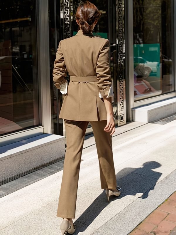 Solid Color Elegant Office & Work Pants Set, Belt Long Sleeve Lapel Neck Blazer & Straight Leg Pants Outfits, Women's Clothing