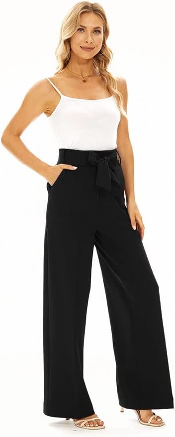 Wide Leg Stretchy Pants for Women Business Casual Pants Dress Pants with Pockets Self Tie Belted
