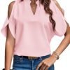 Women's Cold Shoulder Tops Summer Fashion Short Sleeve V Neck Casual Loose Solid Color Blouse Shirts