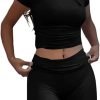 Casual Workout Two Piece Outfits for Women Short Sleeve Crop High Waist Foldover Flare Pants Tracksuit Sets Streetwear