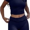 Casual Workout Two Piece Outfits for Women Short Sleeve Crop High Waist Foldover Flare Pants Tracksuit Sets Streetwear