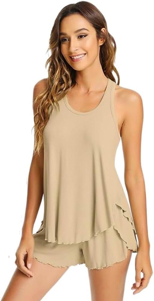 Pajamas Set for Women Viscose Made from Bamboo - Ribbed Racerback Tank Top Soft Sleepwear Pjs Shorts Nightwear Loungewear