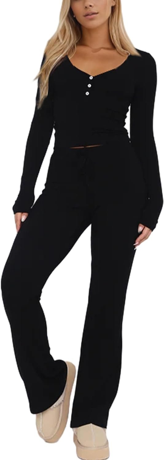 Women Ribbed Knit Yoga Lounge Set V Neck Long Sleeve Button Crop Tee Drawstring Pants Solid Slim Two Pieces Sets