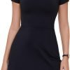 Womens Sexy Square Neck Trendy Dress Short Sleeve Stretchy Bodycon Side Flare Split Lined Mini Dress