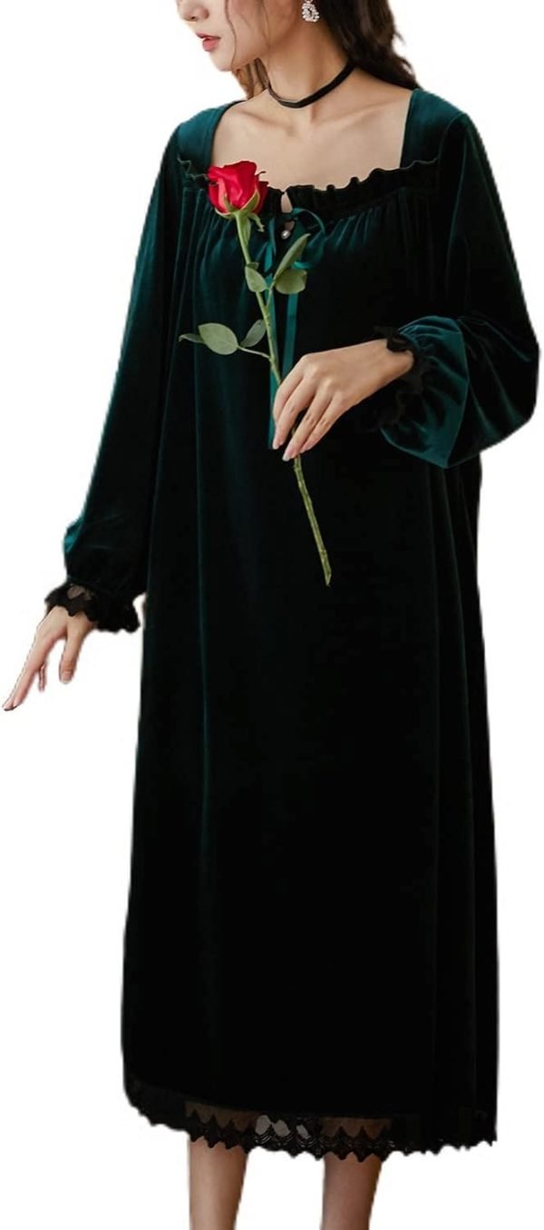 Women's Long Sleeve Nightgown Velvet Sleep Dress Ruffle Crew Neck Mid-length Nightdress