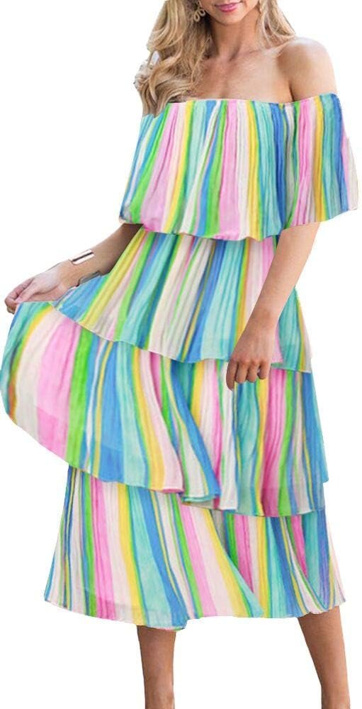 Women's Off The Shoulder Ruffles Summer Valentines Day Loose Casual Chiffon Long Party Beach Maxi Dress