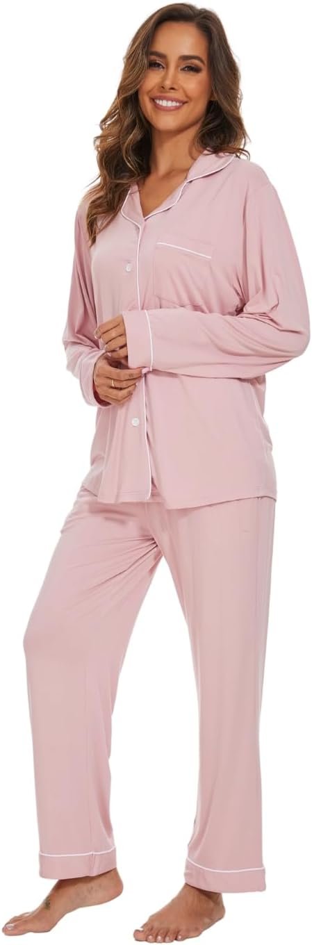 Womens Bamboo Pajama Set Long Sleeve Button Down, Soft Pj Pants with Pockets, Lightweight Sleepwear Loungewear