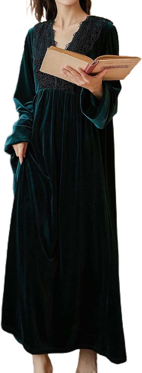 Women's Long Sleeve Nightgown Velvet Sleep Dress Ruffle Crew Neck Mid-length Nightdress
