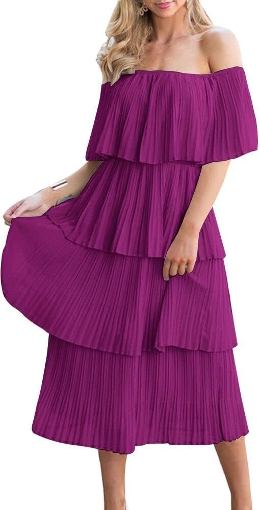 Women's Off The Shoulder Ruffles Summer Valentines Day Loose Casual Chiffon Long Party Beach Maxi Dress