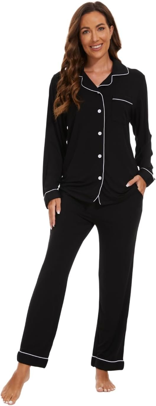 Womens Bamboo Pajama Set Long Sleeve Button Down, Soft Pj Pants with Pockets, Lightweight Sleepwear Loungewear