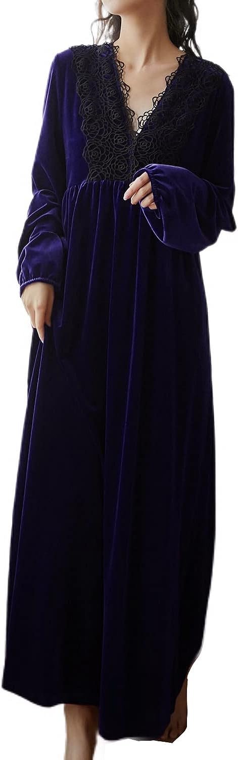 Women's Long Sleeve Nightgown Velvet Sleep Dress Ruffle Crew Neck Mid-length Nightdress
