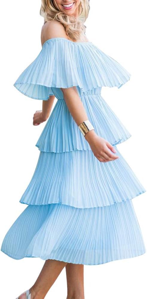 Women's Off The Shoulder Ruffles Summer Valentines Day Loose Casual Chiffon Long Party Beach Maxi Dress