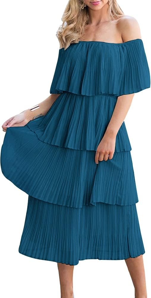 Women's Off The Shoulder Ruffles Summer Valentines Day Loose Casual Chiffon Long Party Beach Maxi Dress