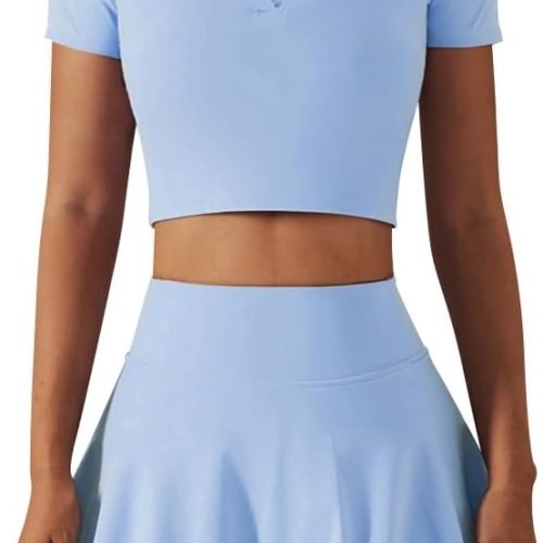 2 Piece Tennis Dress for Women High Waist Pleated Tennis Skirt with Shorts Short Sleeve Crop Golf Workout Skirts Sets