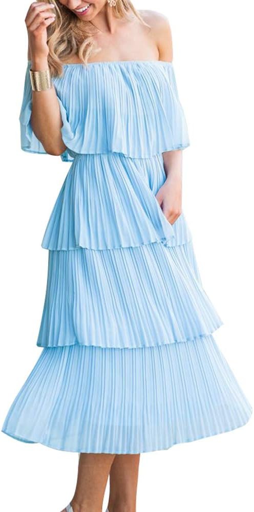 Women's Off The Shoulder Ruffles Summer Valentines Day Loose Casual Chiffon Long Party Beach Maxi Dress