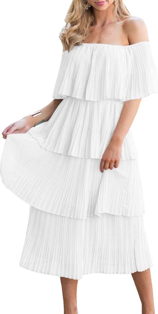Women's Off The Shoulder Ruffles Summer Valentines Day Loose Casual Chiffon Long Party Beach Maxi Dress