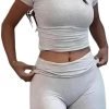 Casual Workout Two Piece Outfits for Women Short Sleeve Crop High Waist Foldover Flare Pants Tracksuit Sets Streetwear